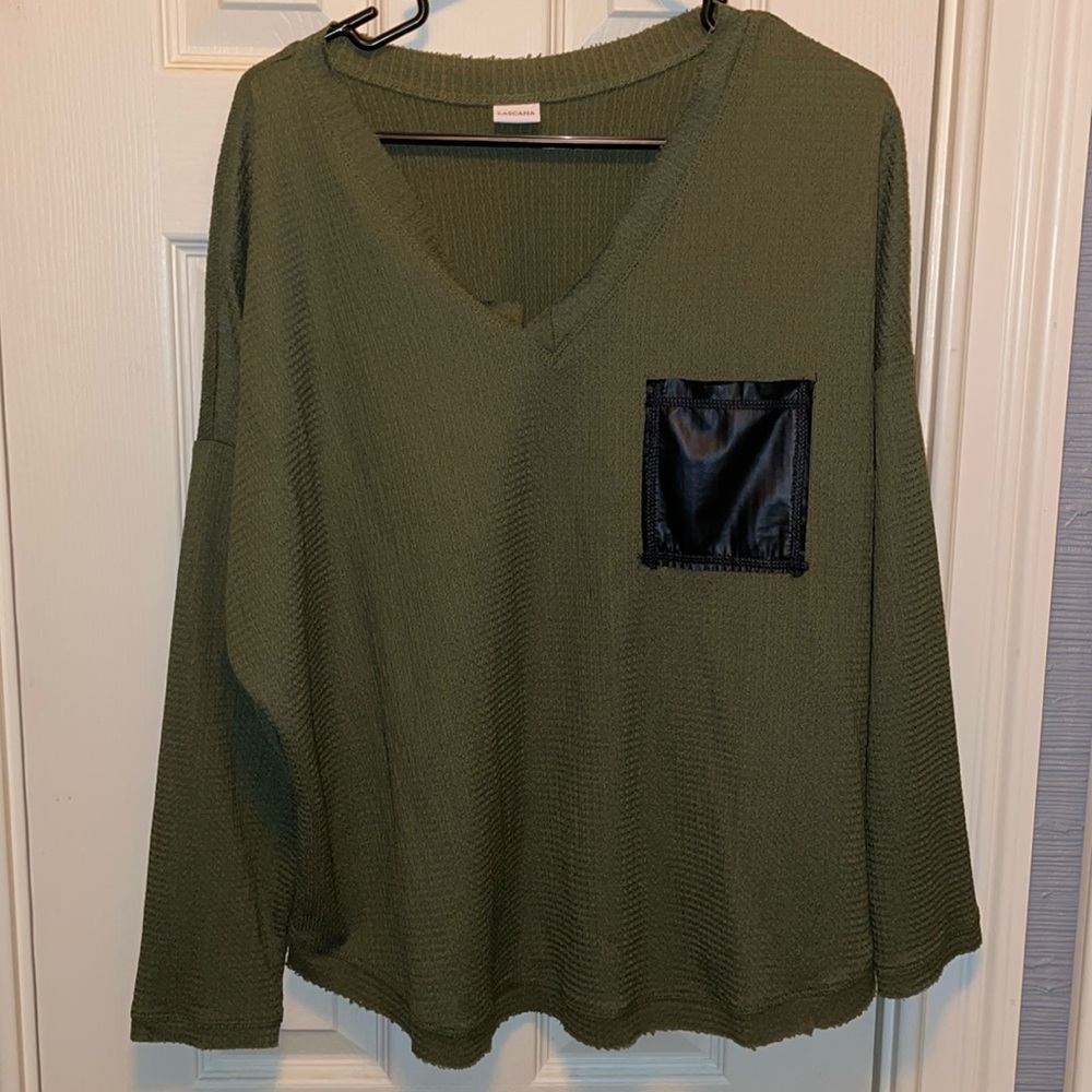Long sleeve waffle knit top with faux leather pocket